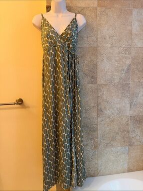 Italian Silk Blend Faux Wrap Maxi Dress in Olive & Teal Print Straps S/M
